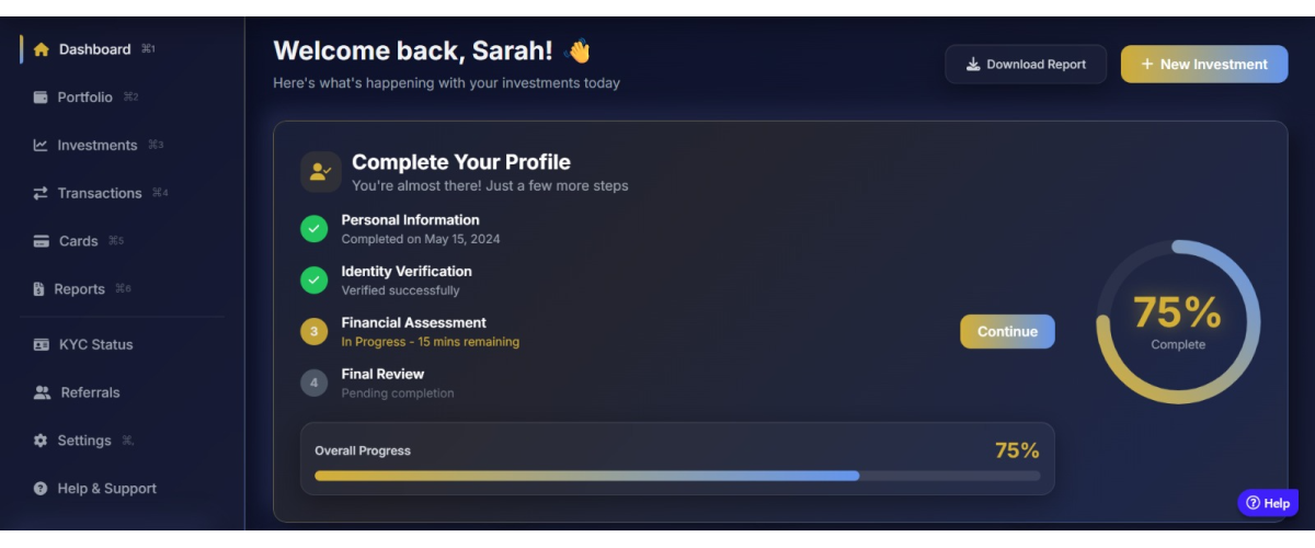 luxury fintech dashboard with dark blue and gold accents