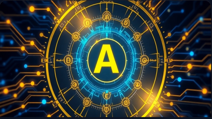 futuristic AI technology interface, neural networks, blue and gold color scheme, premium fintech visualization