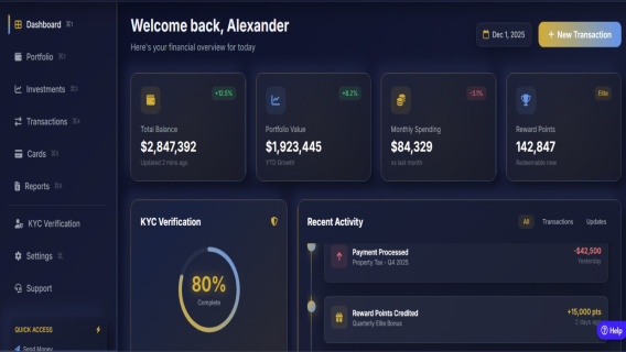 luxury wealth management dashboard, portfolio analytics, premium dark interface with gold accents